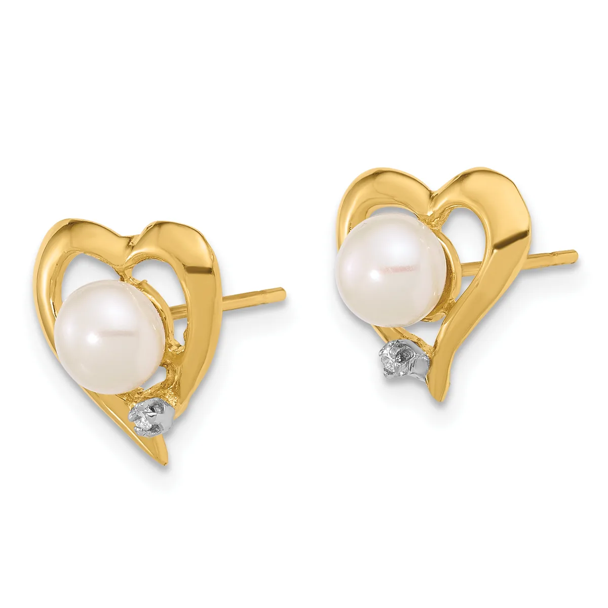 A pair of gold heart-shaped stud earrings, each featuring a white pearl in the center with a small diamond accent at the bottom.