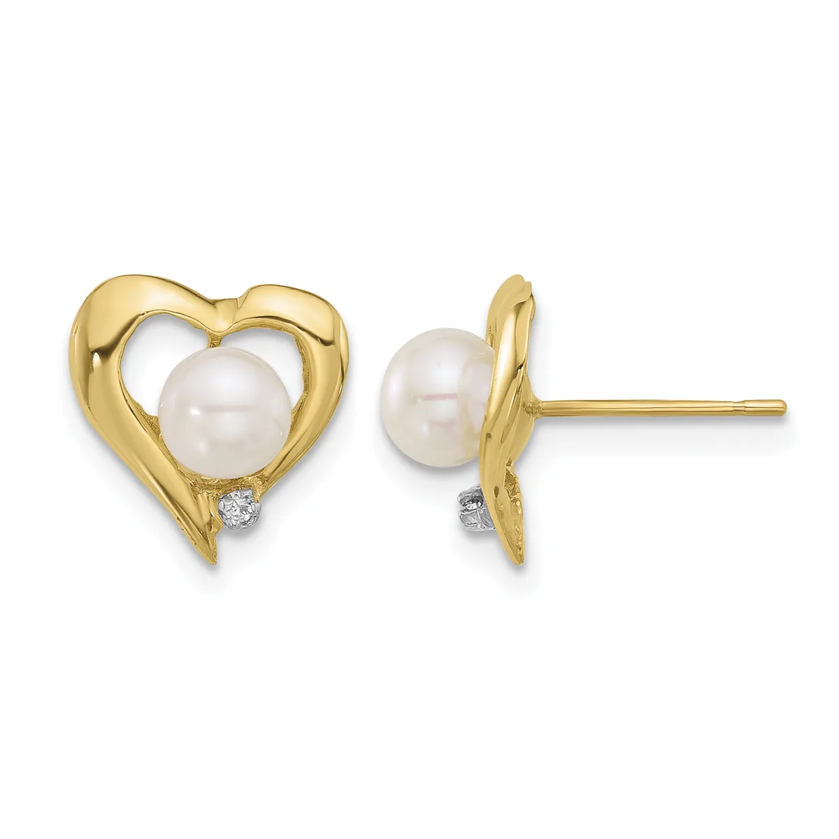 Pair of gold heart-shaped stud earrings, each featuring a white pearl with a small diamond accent at the bottom, shown from front and side views.