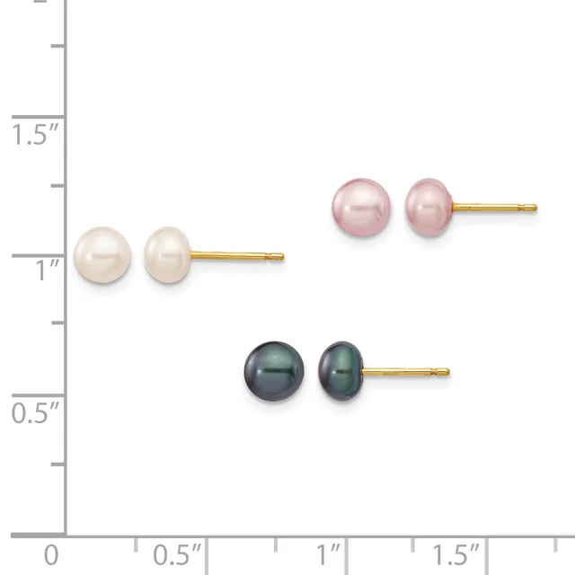 Three pairs of pearl stud earrings displayed on a ruler: white pearls at one inch, pink pearls at 1.25 inches, and dark gray pearls at 0.5 inches, each with gold posts.