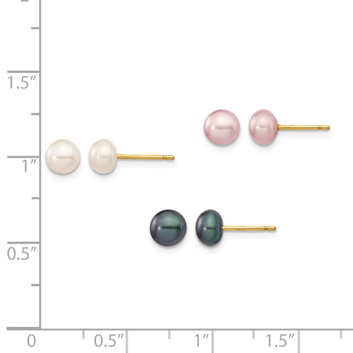 Three pairs of pearl stud earrings displayed on a ruler: white pearls at one inch, pink pearls at 1.25 inches, and dark gray pearls at 0.5 inches, each with gold posts.