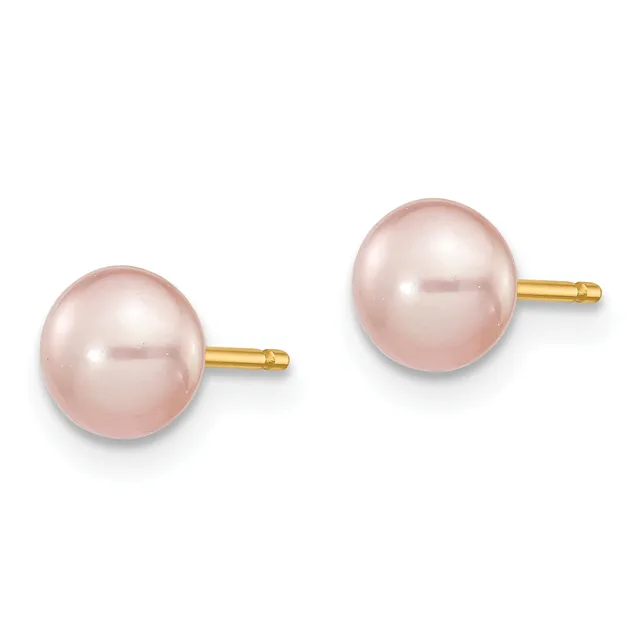 A pair of pink pearl stud earrings with gold-colored posts and backs, displayed side by side against a white background.