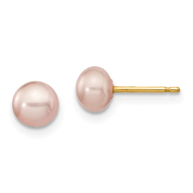 A pair of pink pearl stud earrings with gold posts and backs, displayed side by side against a white background.
