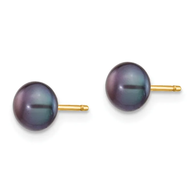 A pair of dark gray pearl stud earrings with gold posts and backing, displayed side by side against a white background.
