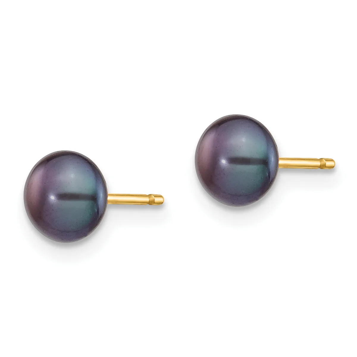 A pair of dark gray pearl stud earrings with gold posts and backing, displayed side by side against a white background.