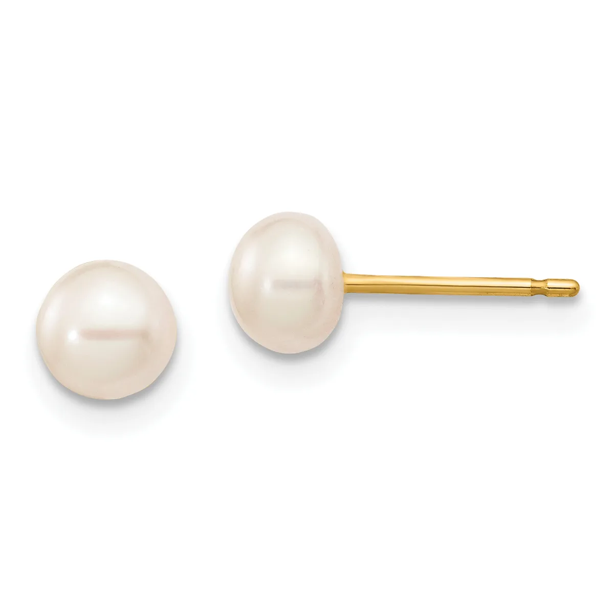 A pair of white pearl stud earrings with gold posts and backs, shown from the front and side view against a white background.