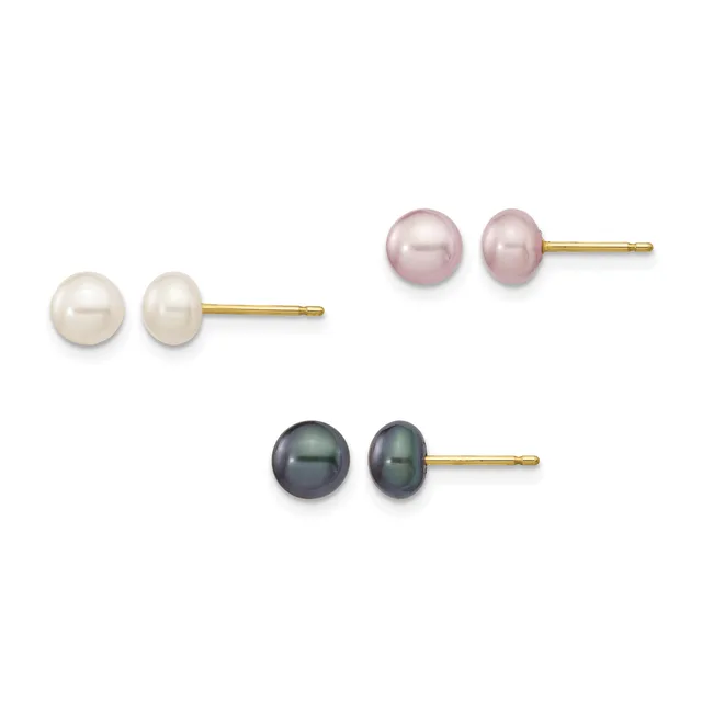 Three pairs of pearl stud earrings with gold posts displayed in a row: white pearls on top, pink pearls in the middle, and dark gray pearls on the bottom.