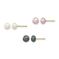 Three pairs of pearl stud earrings with gold posts displayed in a row: white pearls on top, pink pearls in the middle, and dark gray pearls on the bottom.