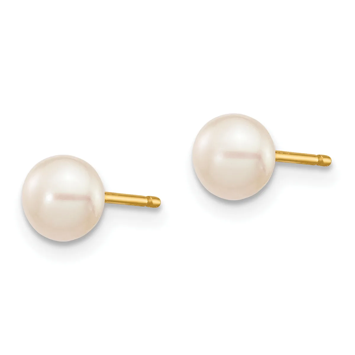 A pair of round white pearl stud earrings with gold posts and backs, displayed side by side against a white background.