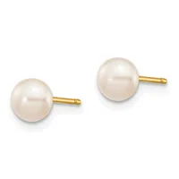 A pair of round white pearl stud earrings with gold posts and backs, displayed side by side against a white background.