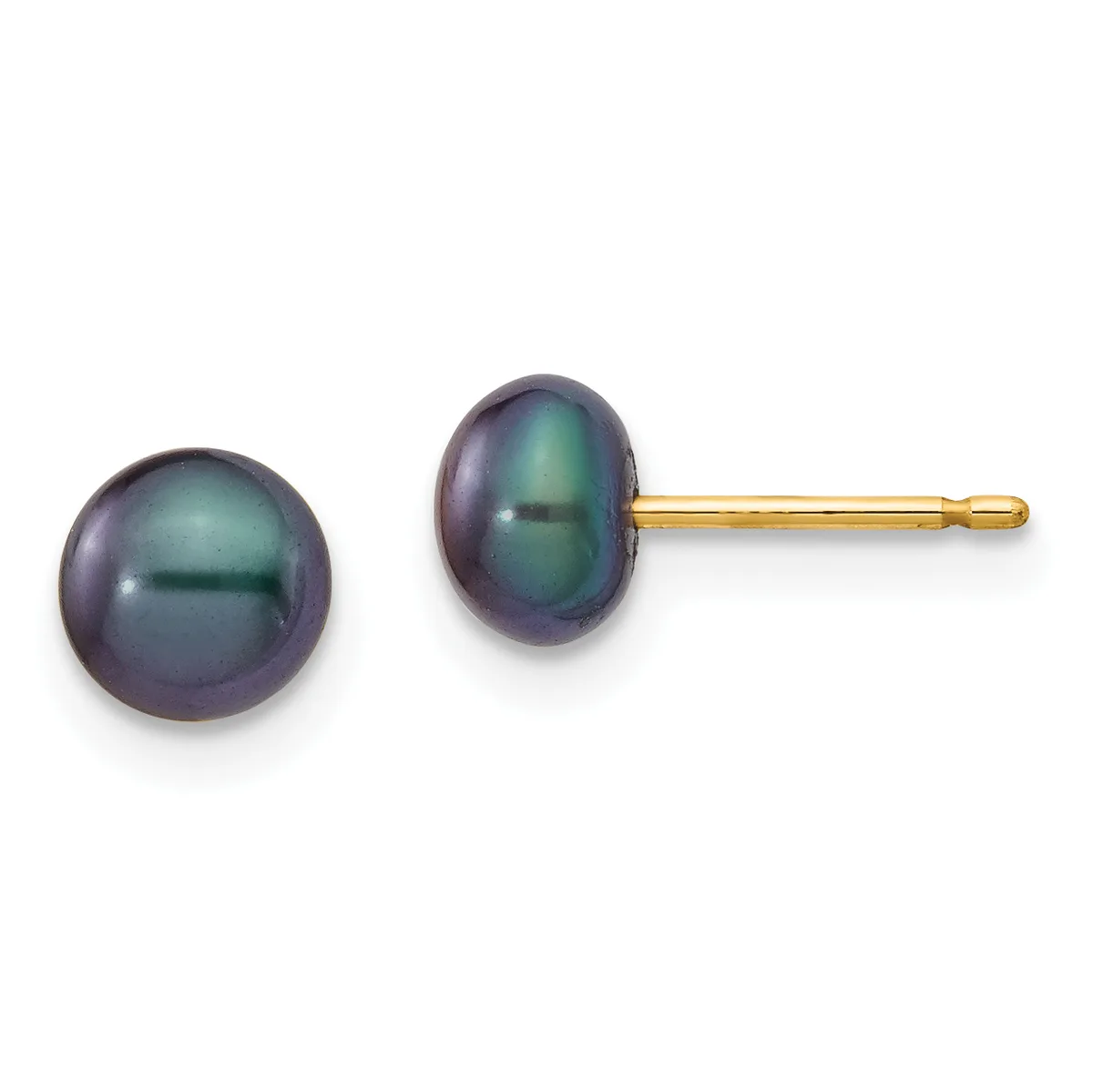 A pair of dark gray pearl stud earrings with gold posts and backs, displayed side by side.