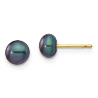 A pair of dark gray pearl stud earrings with gold posts and backs, displayed side by side.