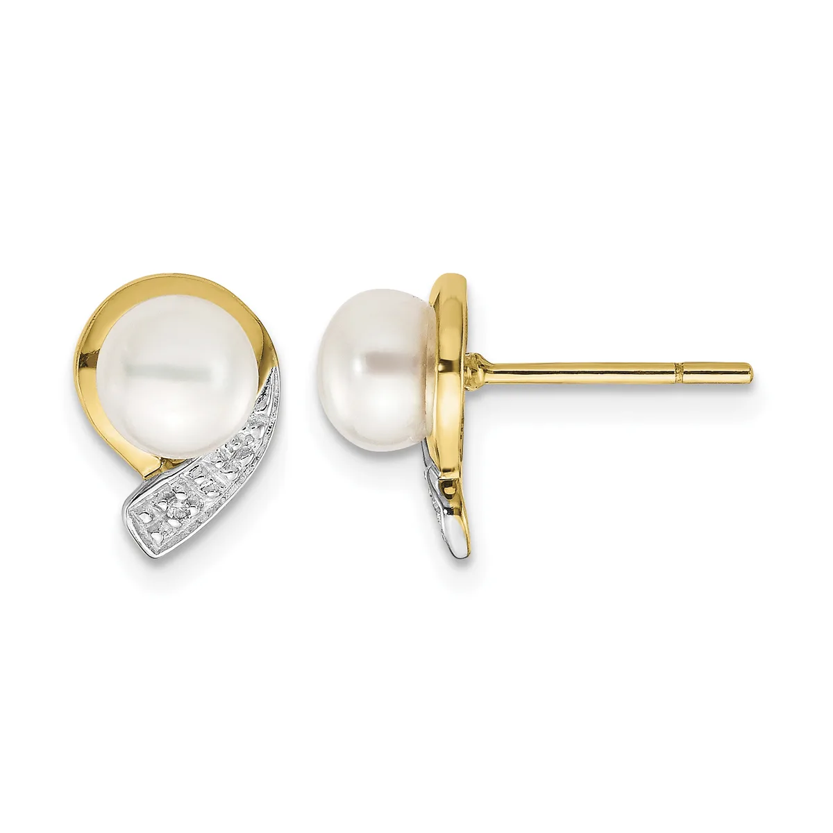 A pair of two-tone gold stud earrings featuring white pearls set in curved yellow gold bezels with diamond-accented white gold swoops beneath.