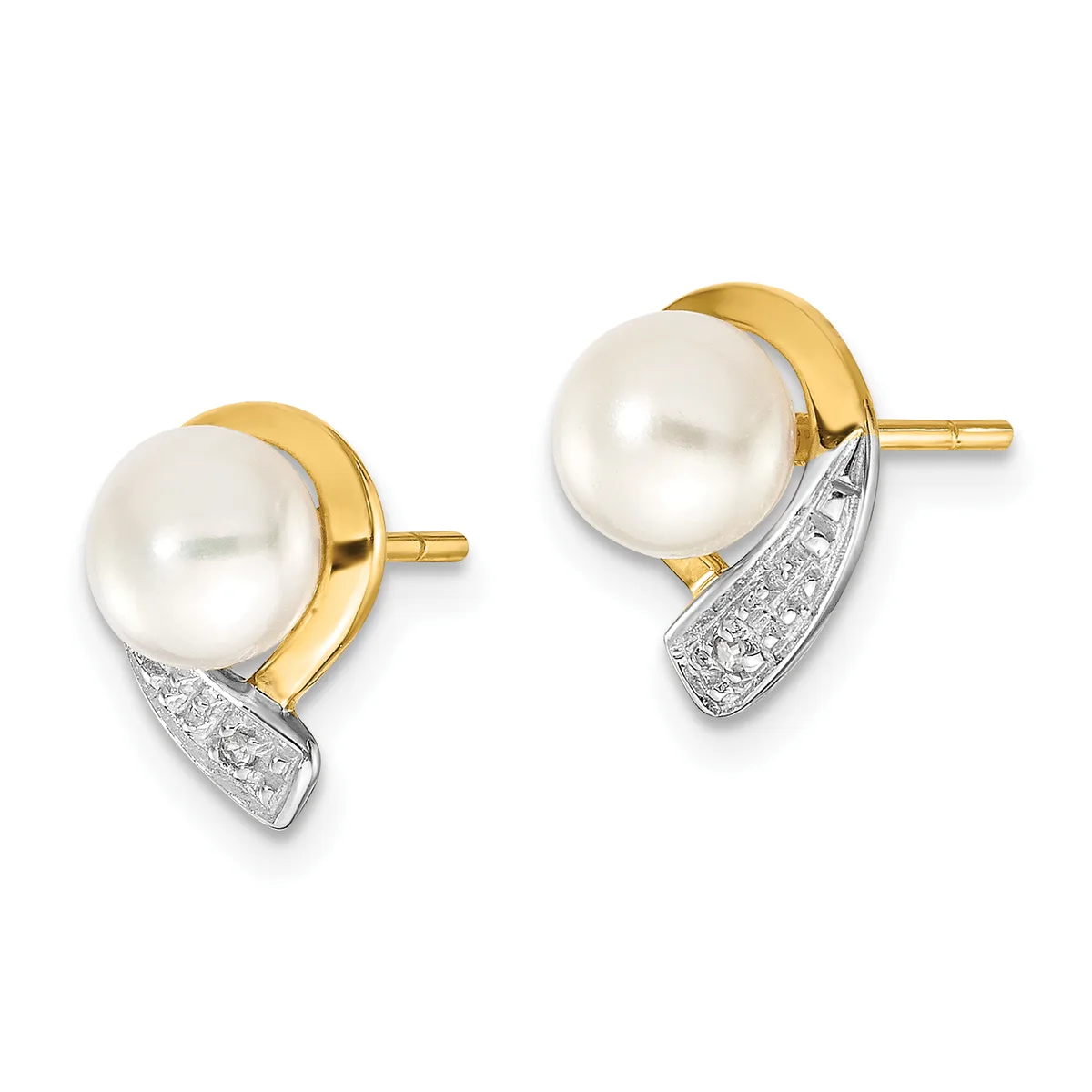 A pair of two-tone stud earrings featuring white pearls set in gold with diamond accents on the lower white metal portions, shown from the front.