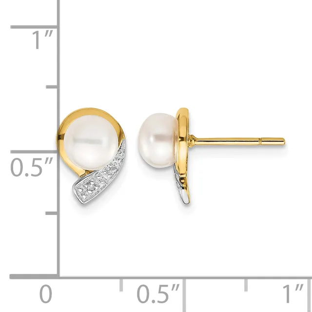 Two-tone gold and pearl stud earrings with diamond accents, shown front and back view next to a measurement scale.