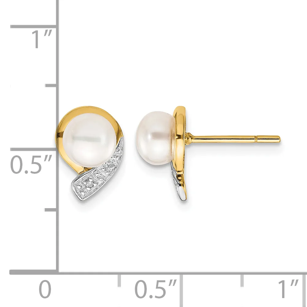 Two-tone gold and pearl stud earrings with diamond accents, shown front and back view next to a measurement scale.