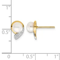 Two-tone gold and pearl stud earrings with diamond accents, shown front and back view next to a measurement scale.
