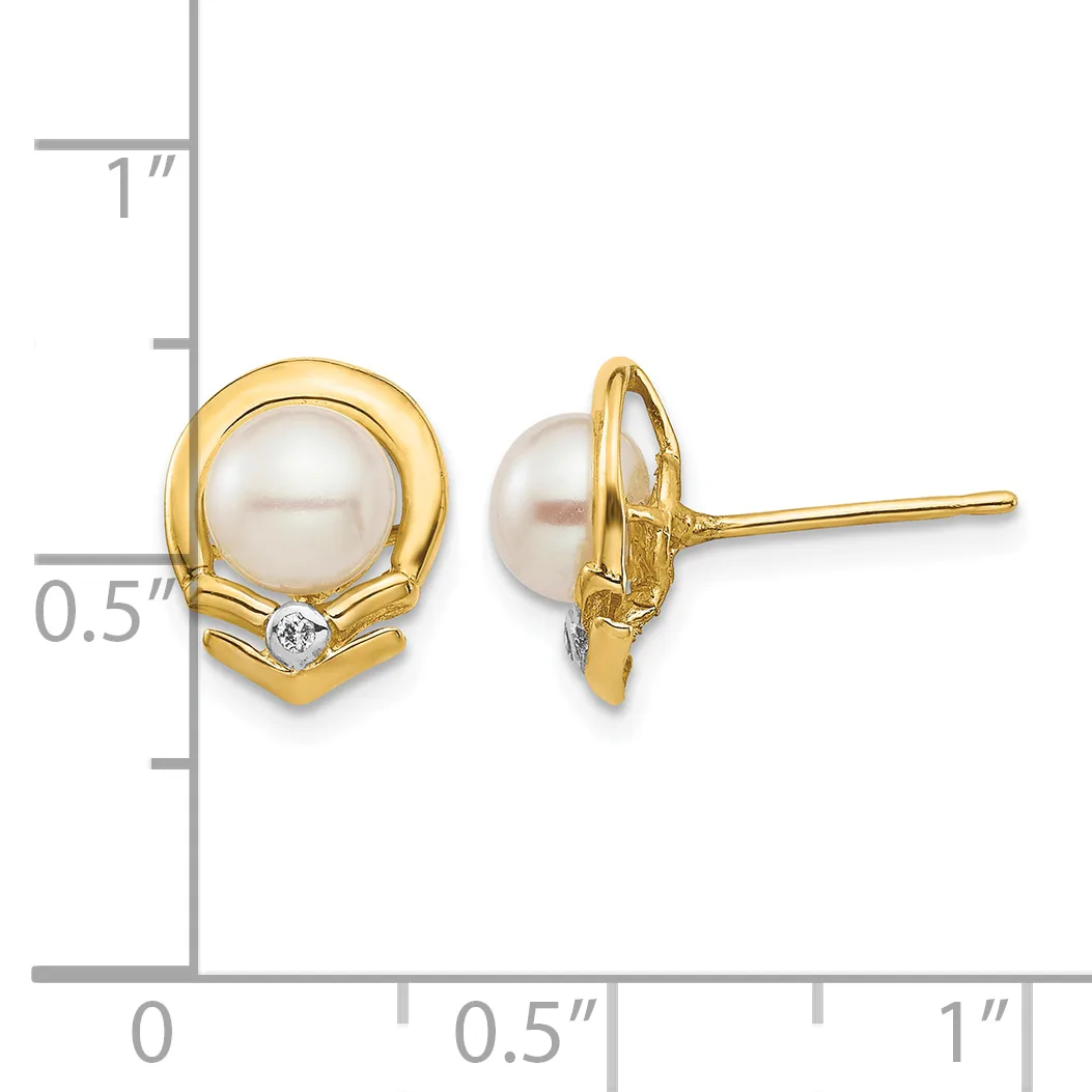 Two gold stud earrings with white pearl centers surrounded by textured gold bezels and small diamond accents, shown front and back views next to a measurement scale.