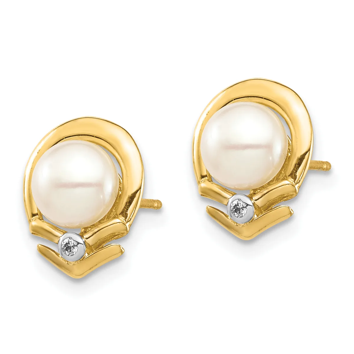 Pair of gold stud earrings featuring white pearls set in polished gold bezels with small diamond accents at the base, shown from the front.