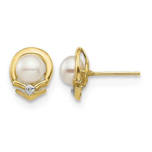 Pair of gold stud earrings featuring white pearls surrounded by polished gold frames with small diamond accents, shown from front and side views.