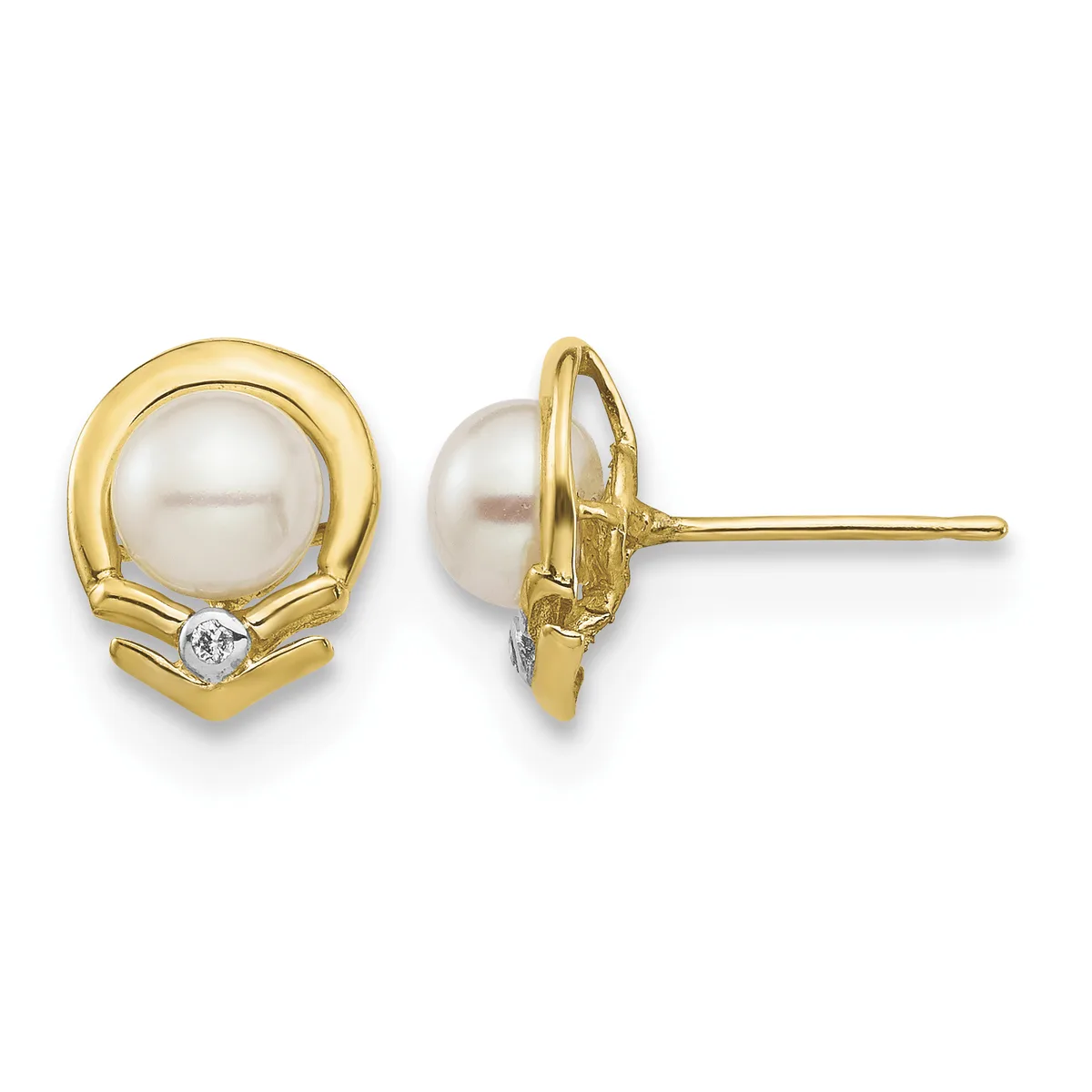 Pair of gold stud earrings featuring white pearls surrounded by polished gold frames with small diamond accents, shown from front and side views.