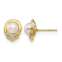 Pair of gold stud earrings featuring white pearls surrounded by polished gold frames with small diamond accents, shown from front and side views.