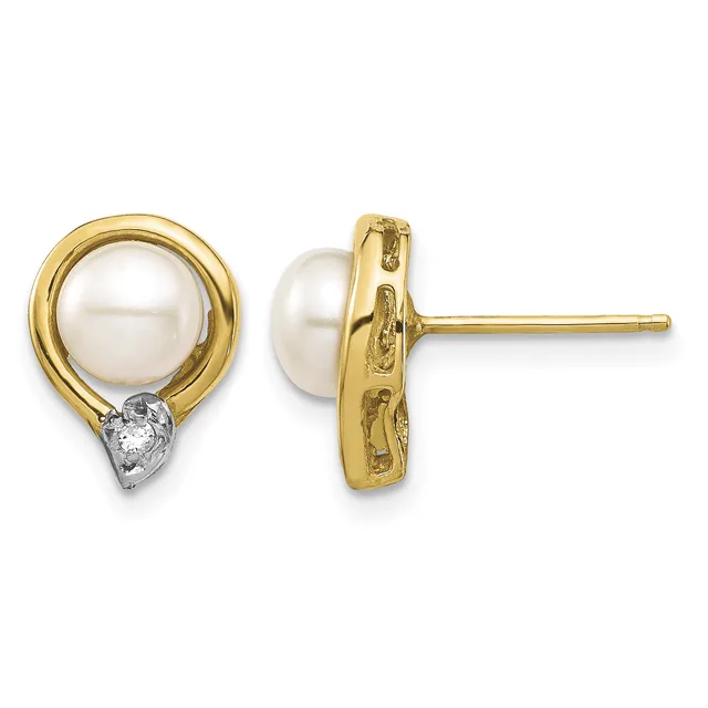 Pair of gold stud earrings with white pearl tops and small diamond accents at the base, shown from front and side views.