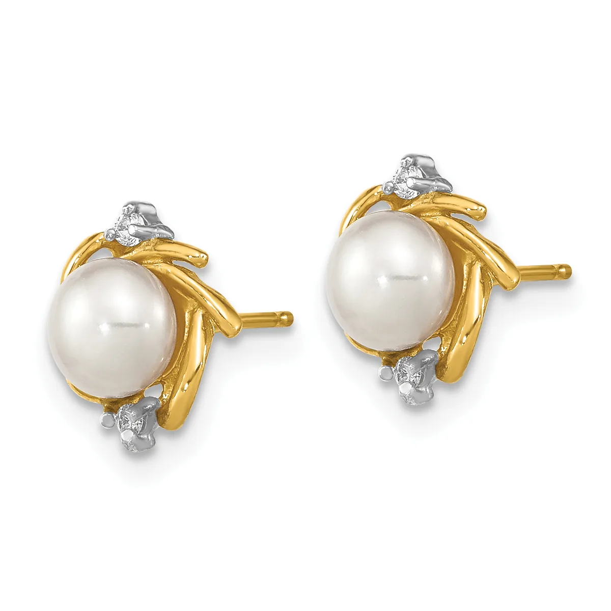 Pair of stud earrings featuring white pearls surrounded by gold-toned metal branches with small diamond accents at the top and bottom.