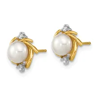 Pair of stud earrings featuring white pearls surrounded by gold-toned metal branches with small diamond accents at the top and bottom.