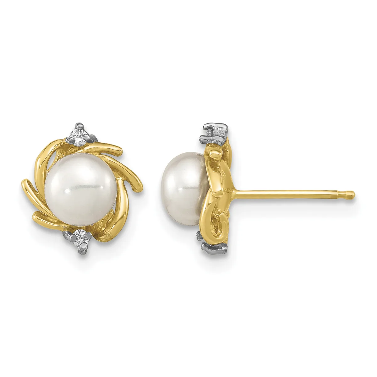 A pair of two-tone gold stud earrings featuring white pearl centers surrounded by curved gold bands and small diamond accents, shown from front and side views.