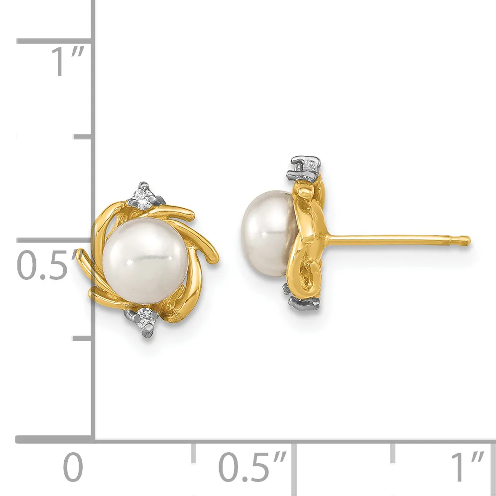 Two-tone stud earrings featuring white pearls wrapped in twisted gold bands with small diamond accents, shown next to a measurement scale.