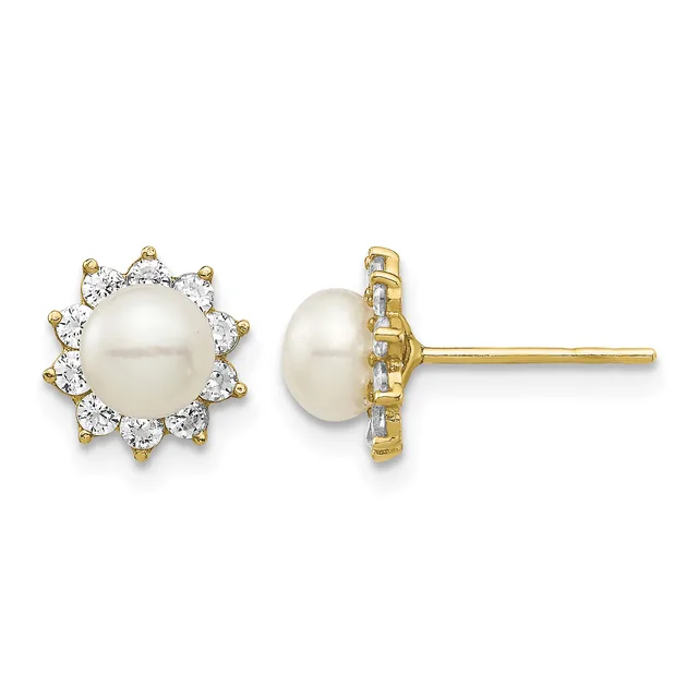 Pair of gold stud earrings featuring white pearls surrounded by a halo of round white diamonds, shown from front and side views.