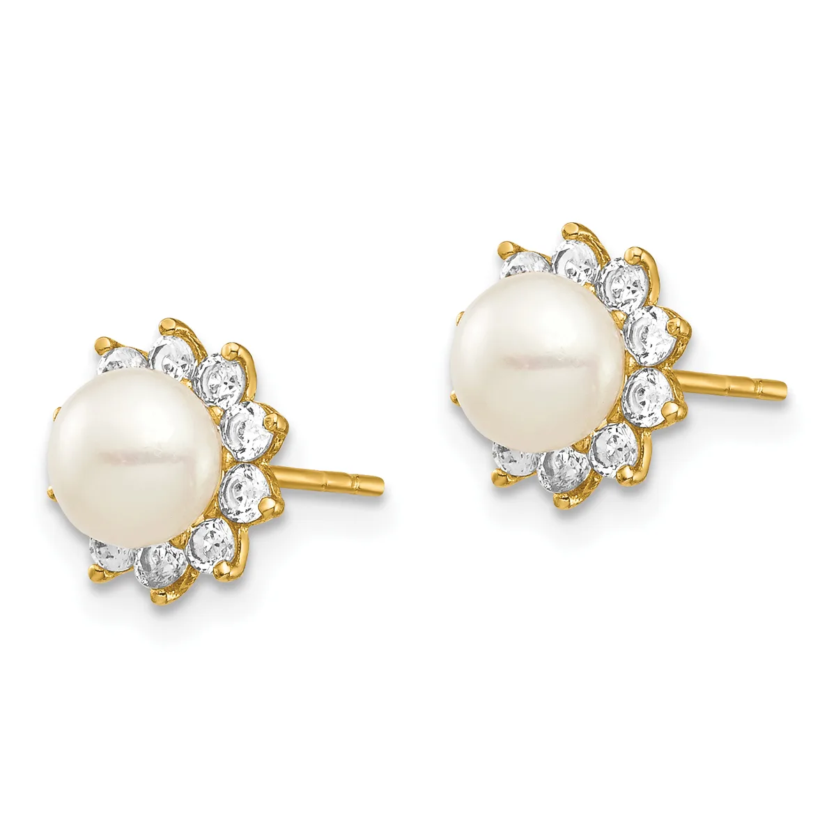 Pair of gold stud earrings featuring round white pearls surrounded by clusters of clear round crystals, shown from the front.