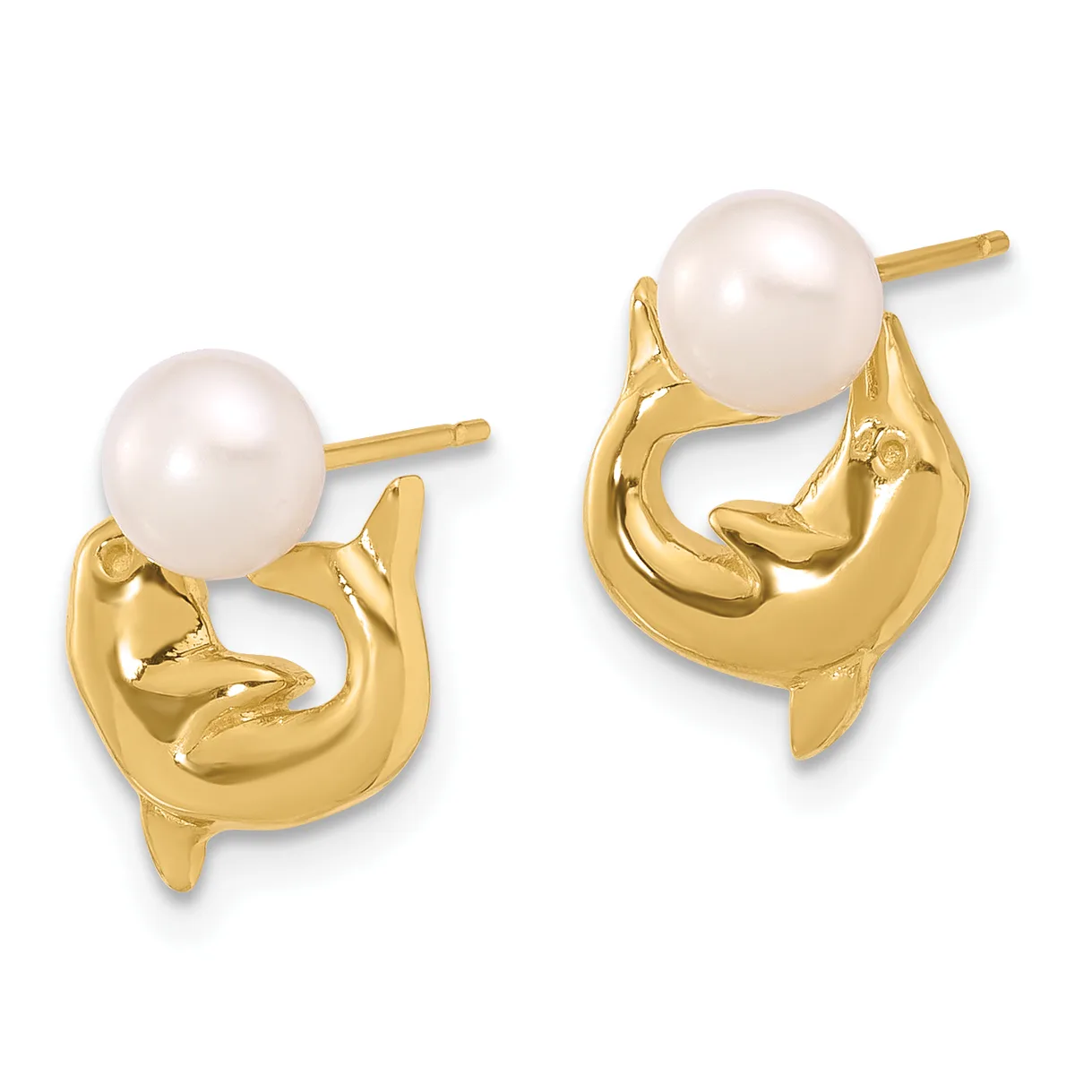 A pair of gold-toned earrings featuring white pearl studs set atop curved, sculpted gold settings with post and friction-back closures.