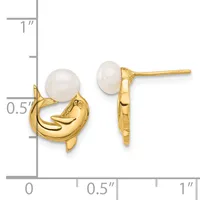 Pair of gold-toned crescent moon earrings with white pearl tops, shown against a measurement ruler.