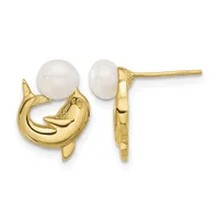 Pair of gold dolphin-shaped earrings with white pearl tops, shown from front and back views.