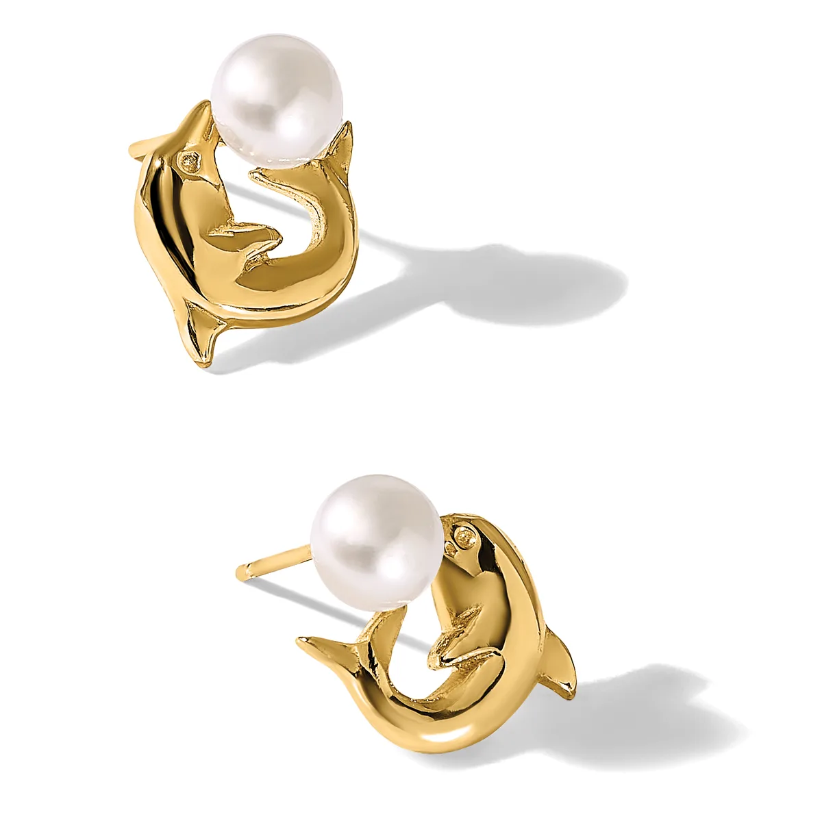 Two gold dolphin earrings with white pearl tops, shown from different angles against a white background.