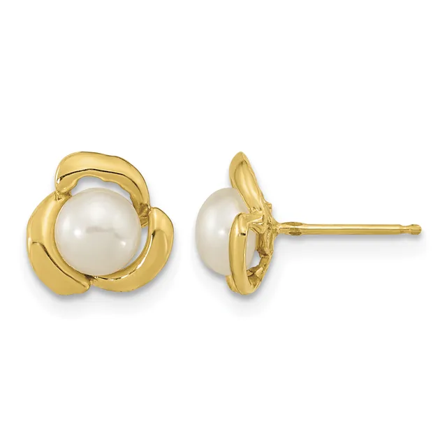 A pair of gold stud earrings featuring white pearl centers surrounded by curved gold petals, shown from front and side views.