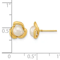 Pair of gold-toned stud earrings with white pearl centers surrounded by curved metallic loops, shown front and side view next to a measurement scale.