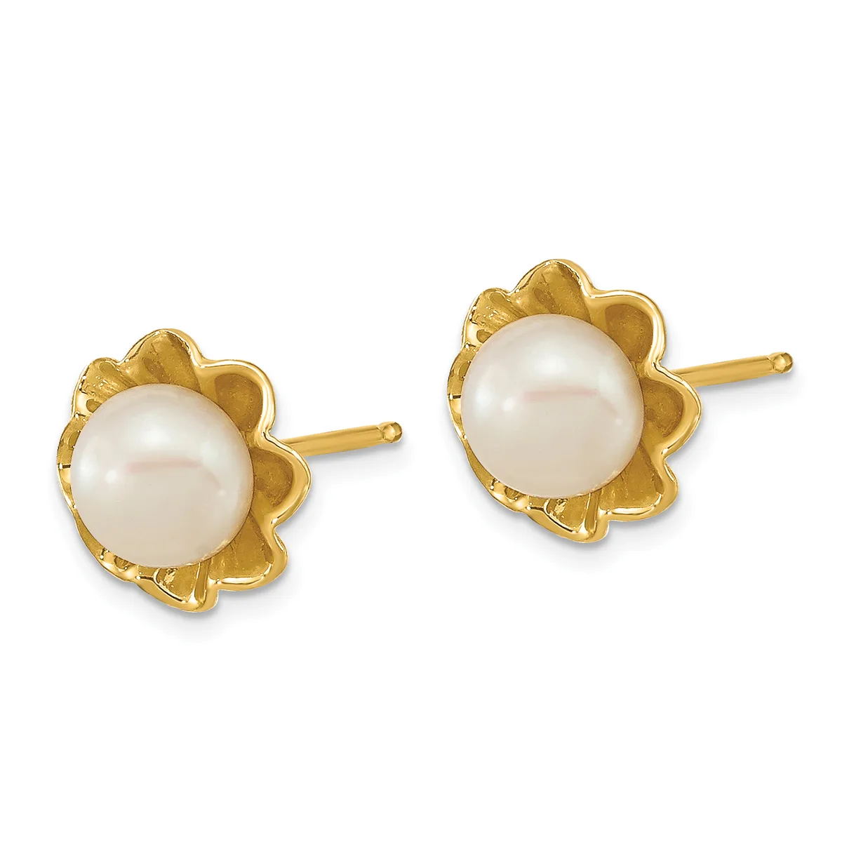 A pair of gold stud earrings with scalloped flower-shaped settings, each featuring a white pearl center.