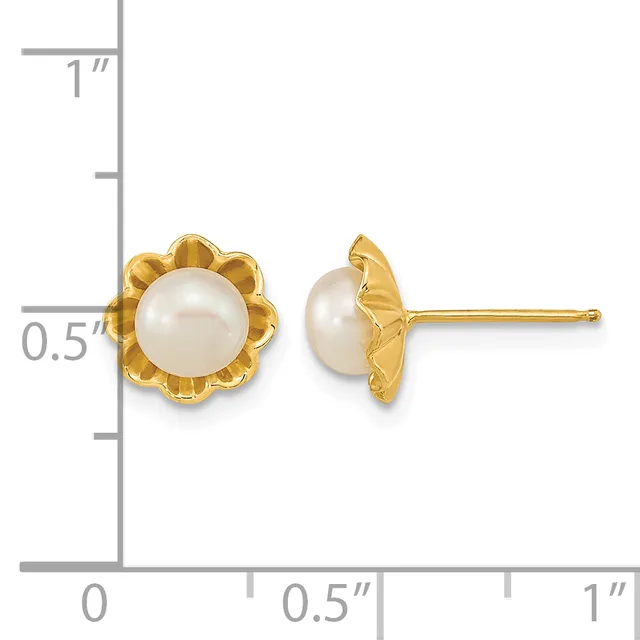 Pair of gold-tone stud earrings with white pearl centers surrounded by scalloped flower-shaped settings, shown front and side view against a measurement scale.