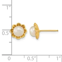 Pair of gold-tone stud earrings with white pearl centers surrounded by scalloped flower-shaped settings, shown front and side view against a measurement scale.