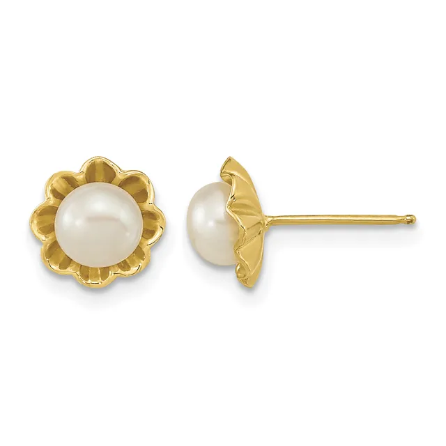 A pair of gold stud earrings featuring round white pearls set in floral-shaped gold settings, shown from front and side views.