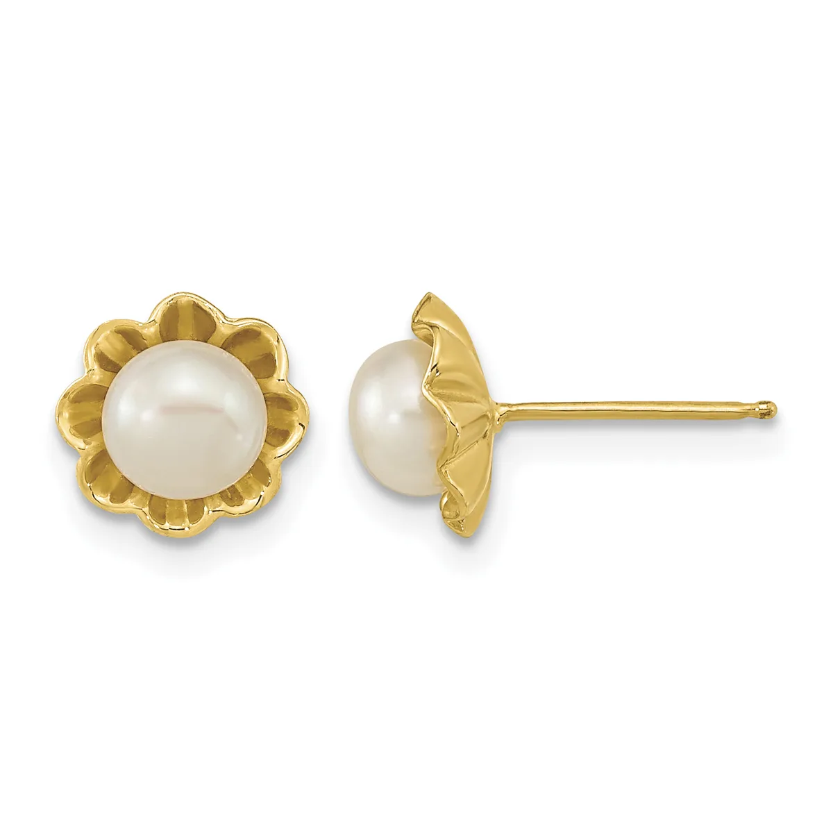 A pair of gold stud earrings featuring round white pearls set in floral-shaped gold settings, shown from front and side views.
