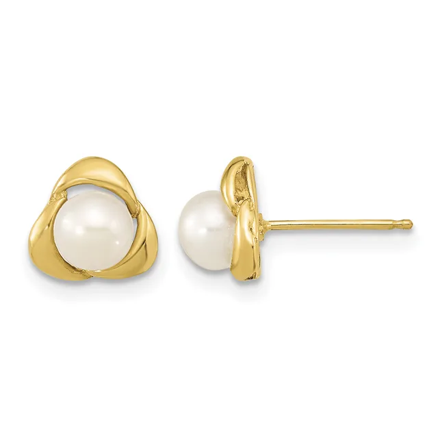 A pair of gold stud earrings with triangular gold settings holding round white pearls, shown from front and side views.