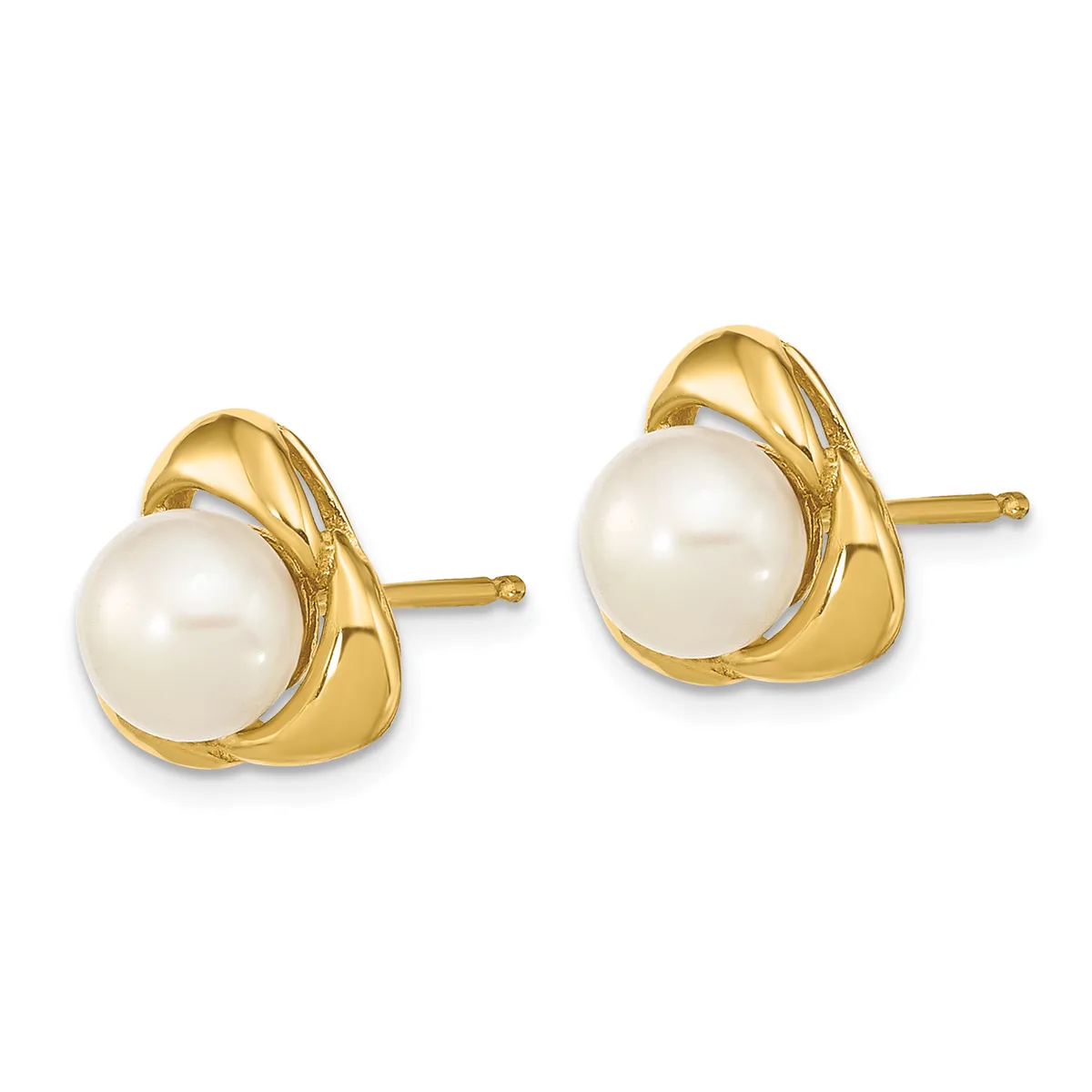 A pair of gold stud earrings with white pearl centers nestled in curved gold settings, shown from the front against a white background.
