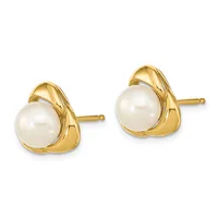 A pair of gold stud earrings with white pearl centers nestled in curved gold settings, shown from the front against a white background.