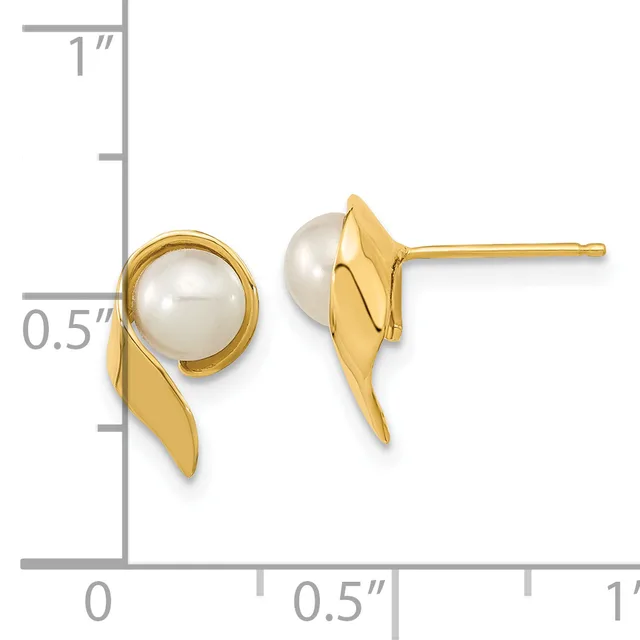 A pair of gold stud earrings with white pearl heads and curved gold leaf-shaped posts, displayed next to a measurement scale showing approximately 0.5 inches in height.