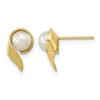 Pair of gold stud earrings with white pearl cabochons set in curved gold bezels with swept leaf-shaped gold accents extending downward.