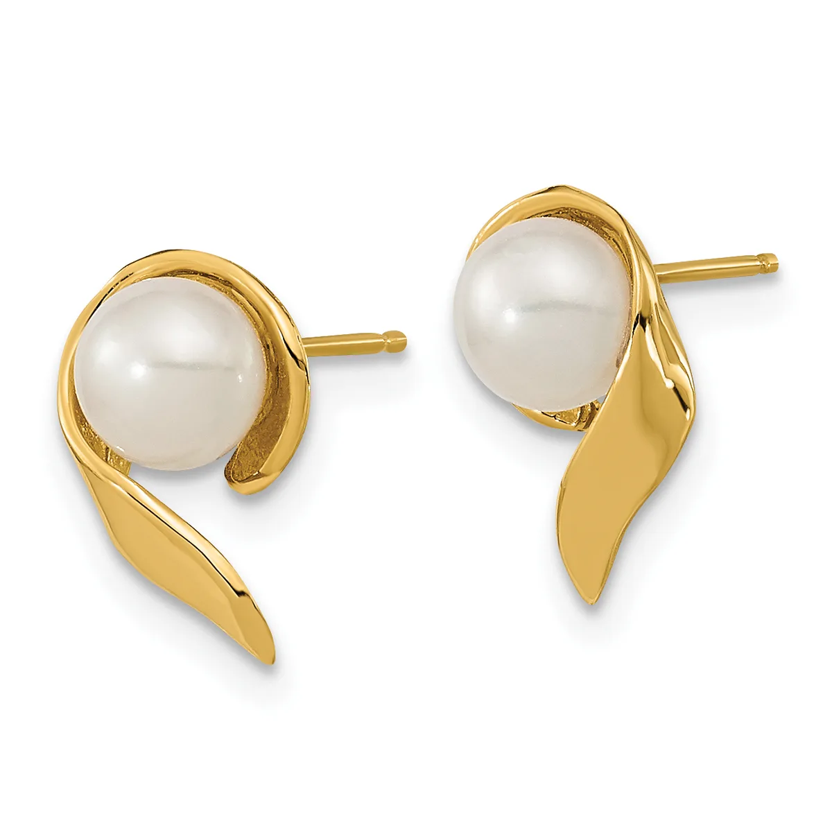 Pair of gold stud earrings with white pearl caps and curved gold sweep designs extending downward, shown from the front.