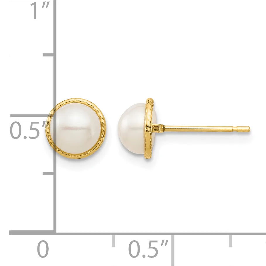 Pair of white pearl stud earrings with textured gold bezels shown next to a ruler for scale, measuring approximately 0.5 inches in diameter.